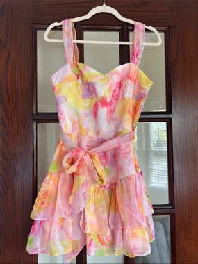 Amanda Uprichard Watercolor Floral Ruffle Dress in Pink & Yellow